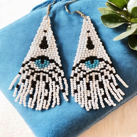 Evil Eye Seed Bead Fringe Earrings: Boho Dangle Earrings Handcrafted White Blue - Picture 12 of 17